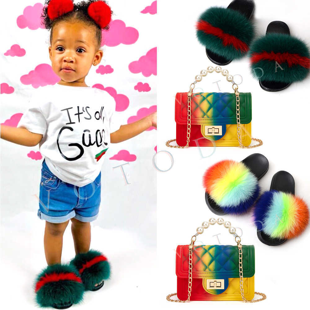 

Children Fur Slippers And Jelly Purse Sets Kids Fluffy Fox Fur Slides With Purse Toddler Furry Raccoon Flip Flops Rainbow Shoes H0914, Black