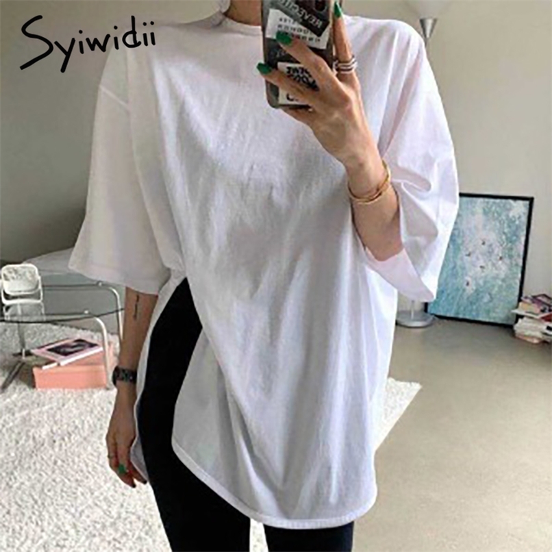 

Casual Side Slit T-shirts Women Seven Quarter Sleeve Top O-Neck White Clothes Summer Cotton Korean Fashion Shirts 210607