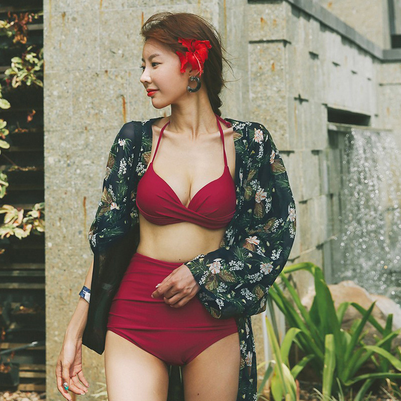 

net red korean high waist cover belly steel bracket gathered split bikini show thin swimsuit female, Black;white
