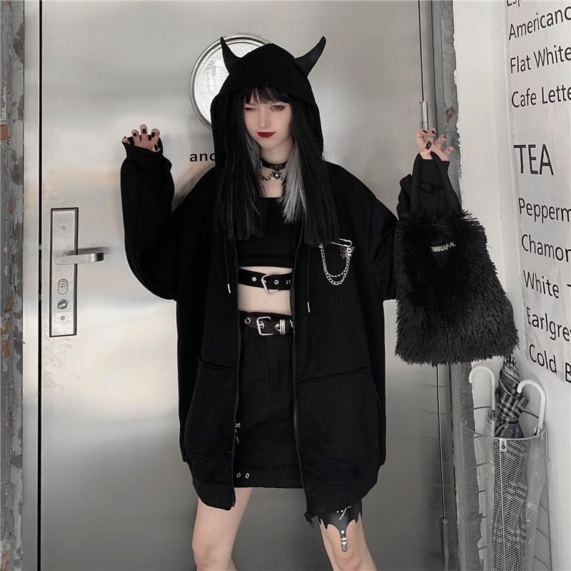 

Women's Jackets Women Harajuku Punk Gothic Girls Black Devil Horn Hoodies Sweatshirt Hooded Japanese Hip Plus Size 2021 Spring Autumn, Photo color