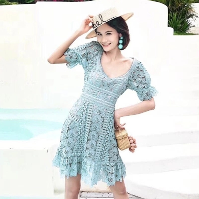 

High Quality Spring Summer Self Portrait Dress Women Vintage Casual O-neck Short Puff Sleeve Blue Lace Mini Vestido 210525, Picture color