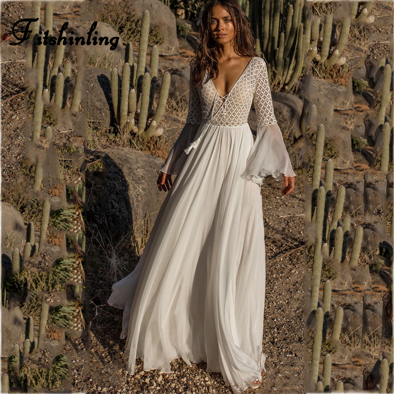 

Fitshinling Baless lace long dress autumn 2021 v ne sexy hot bohemian maxi dresses for women flare sleeve white pareos sale