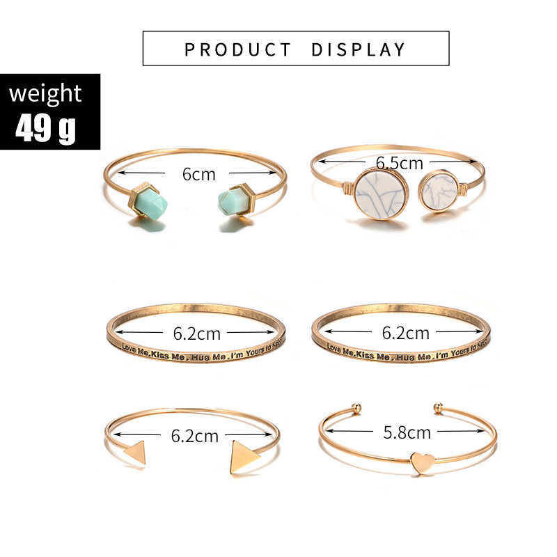 

Tocona 6pcs/set Bohemia Opal Stone Heart Triangle Resin Letter Opening Bracelets Charm Gold Alloy Bangle Jewelry for Women 6892 Q0719