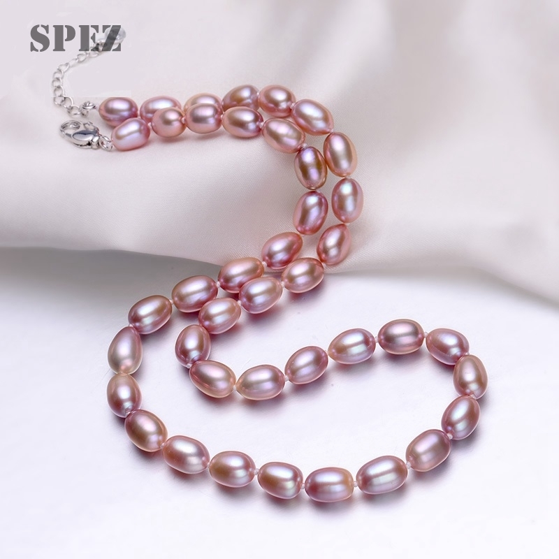 

Natural Freshwater Pearl 7-8mm Rice 925 sterling silver Jewelry Choker Necklace For Women SPEZ