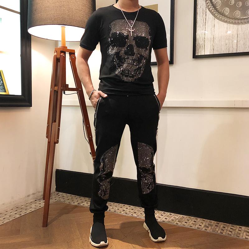 

Men's Tracksuits European And American High-quality Slim Skull Brand Diamond T-shirt Two-piece Casual Sportswear, As shown asian size