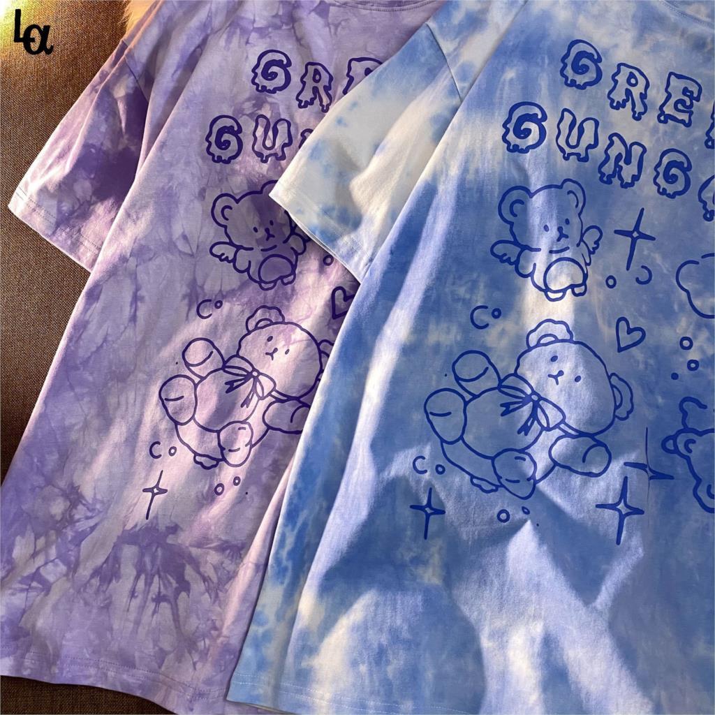 

Cotton Cute Bear Tshirt Streetwear Summer Oversized T Shirt Women Harajuku Short Sleeves Tops Tee Hip Hop Tie Dyed 210519, Purple
