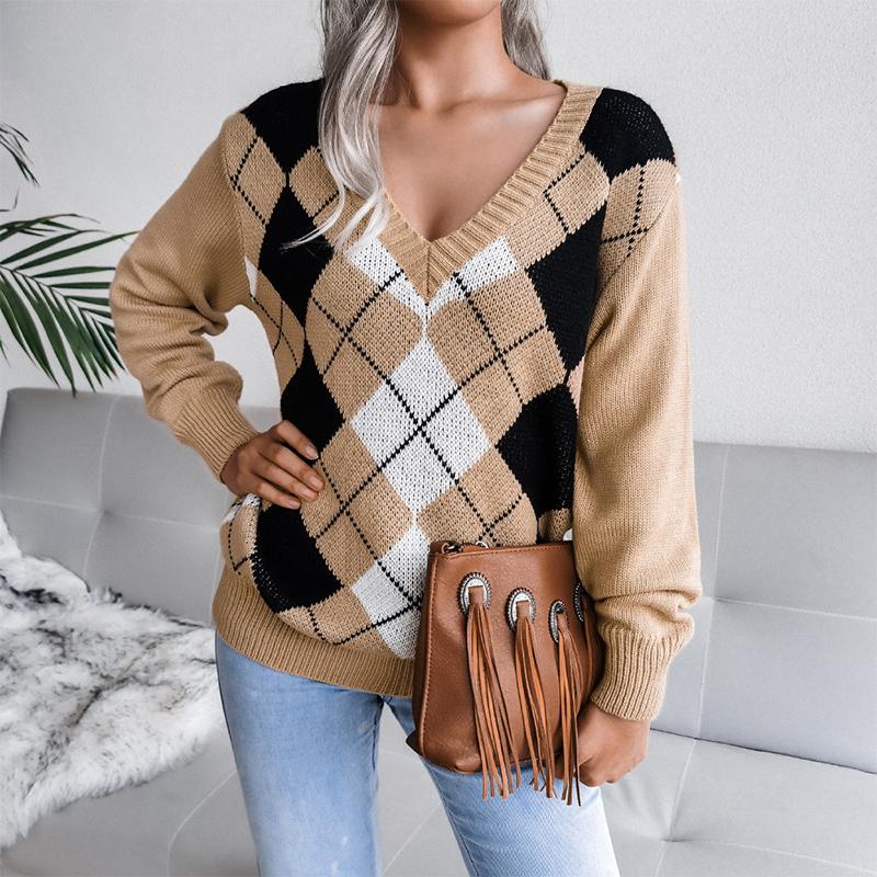 

Women' Sweaters Autumn Sweatshirts V Neck Knitted Elegant Long Sleeve Argyle Print Loose Jumper Tops Streetwear Y2k Warm, Blue