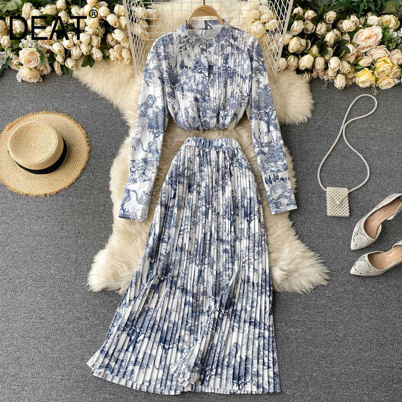 

DEAT Women printing pleated midi-long skirt arrivals short two piece set Fashion temperamentSpring Summer 11D54 210709, White