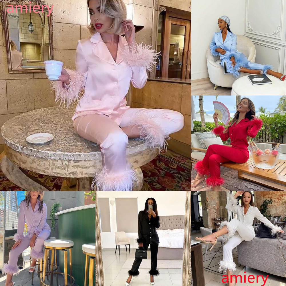 

Sexy Lingerie Underwear Women Two Piece Sleepwear Set Lapel Neck Feather Long Sleeve Button Cardigan Casual Loose Pajama Suit, Red