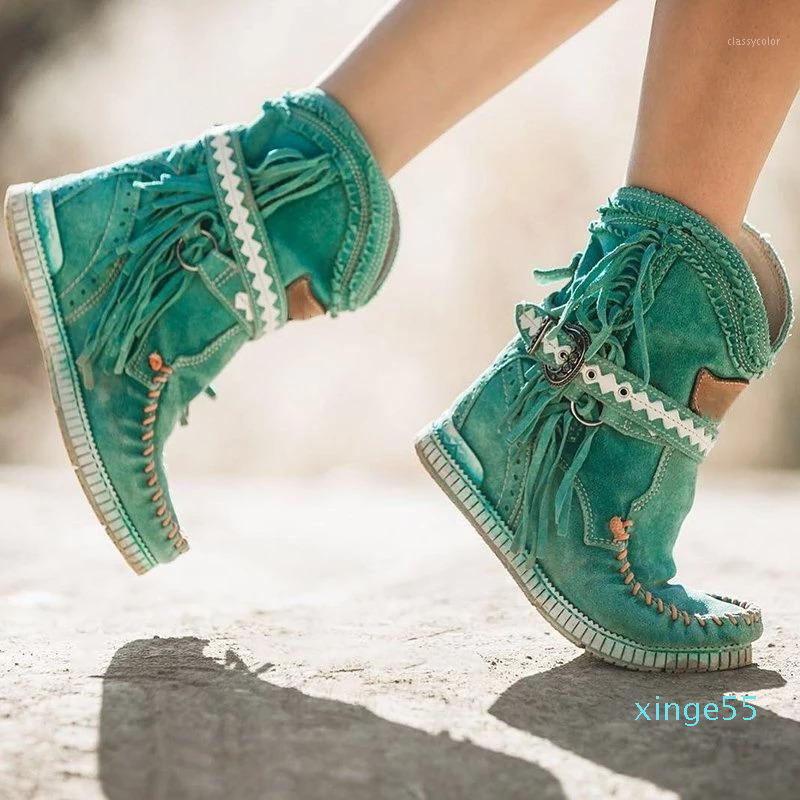 

Boots Adisputent Fringe Middle Women Sexy Tassel Fashion Buckle Motorcycle Flat Heel Boot Cowboy Bota Feminina, Blue