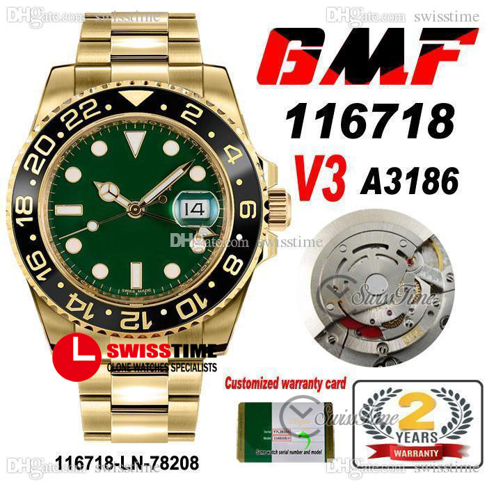 

GMF V3 GMT II 116718 Cal A3186 Automatic Mens Watch 18K Yellow Gold Black Ceramic Bezel Green Dial 904L Steel Bracelet (Correct Hand Stack), Slivery;brown