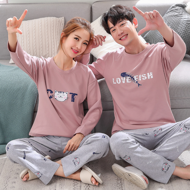 

2021Foply Couple Pajamas Set 100% Cotton Homewear Fresh Style Long Sleeve Sleepwear New Autumn Pj Set For Lover Pijamas Mujer Suit, Black;red