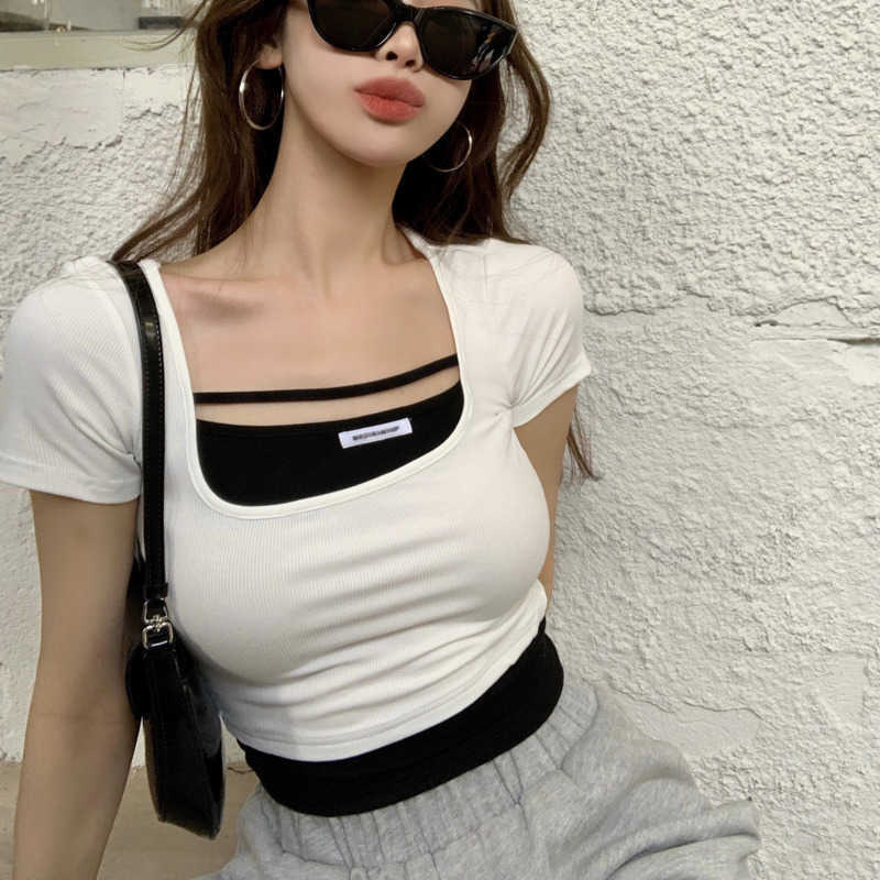 

WOMENGAGA T Shirt Women's Summer Fake Two Square Neck Short Girls Tight Sexy Slim Korea Tops White Sleeve Top 9BB 210603