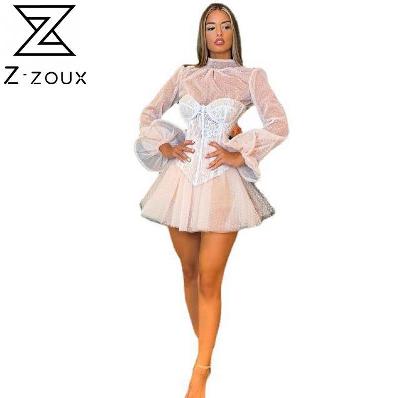 

Women Dress Lantern Sleeve Mesh Lace Perspective Sexy Long Plus Size Summer es 210524, White