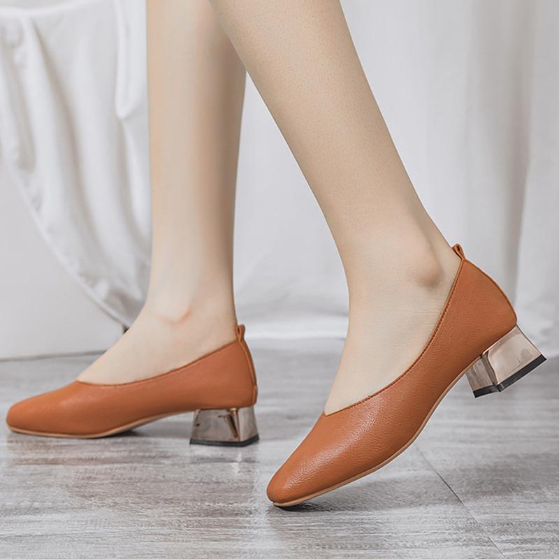 

High Heel Pumps Style Shallow Mouth Thick Retro Design Casual Fashion Shoes Women Slip-on Lazy Size34-40 Dress, Brown
