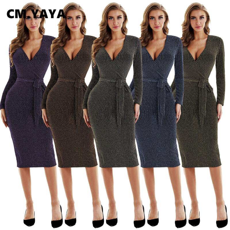 

CM.YAYA Women Long Sleeve V-neck With Sashes Bodycon Midi Knee Length Dress Office Lady Pencil Ribbed Knit Dresses 2021 Casual, Black;gray