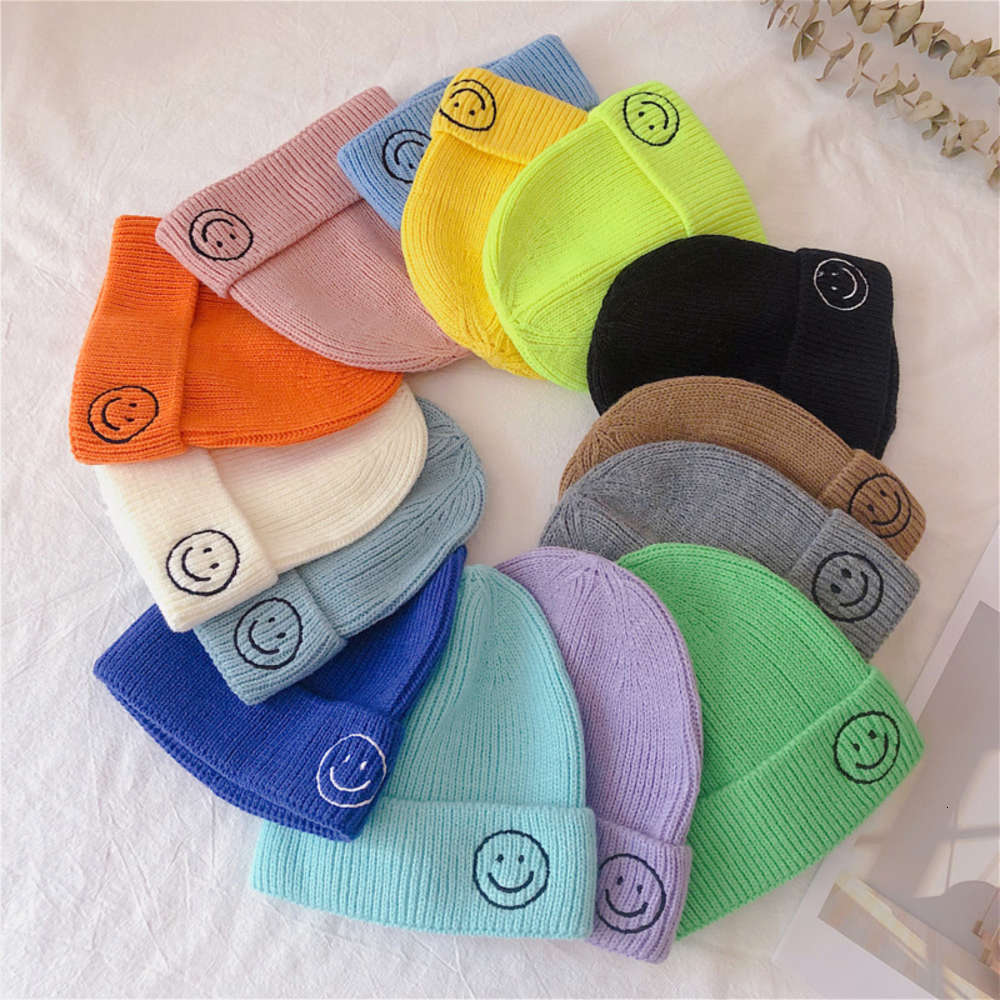 

South Korea's same candy color embroidered smiling face children's knitted hat melon skin fashion baby warm wool girl, Yellow