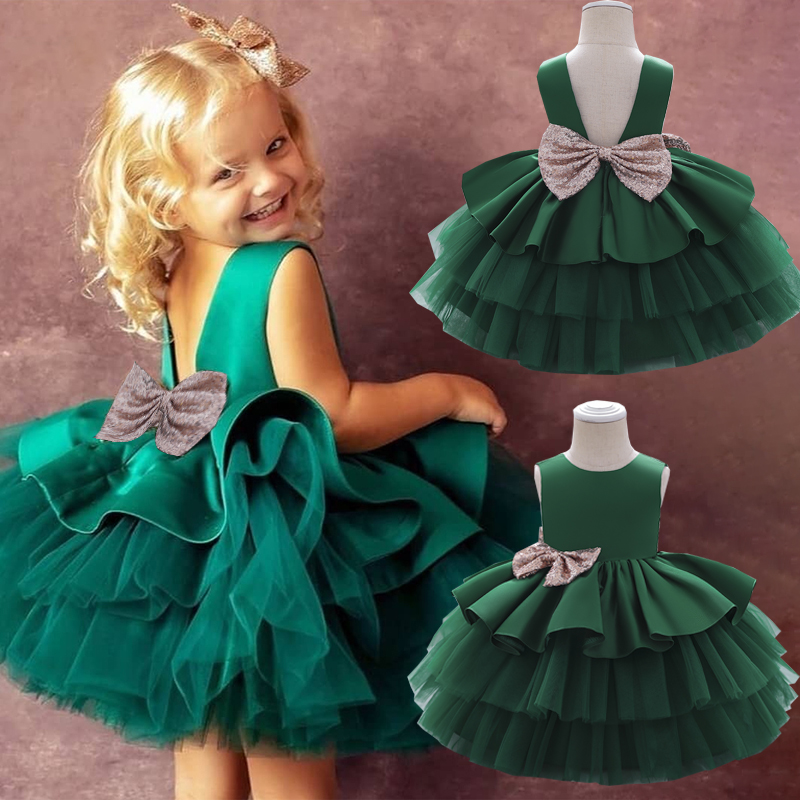 

2021 Summer Sequin Big Bow Baby Girl Dress 1st Birthday Party Wedding Dress For Girl Princess Evening Dresses Kid Clothes, Pink