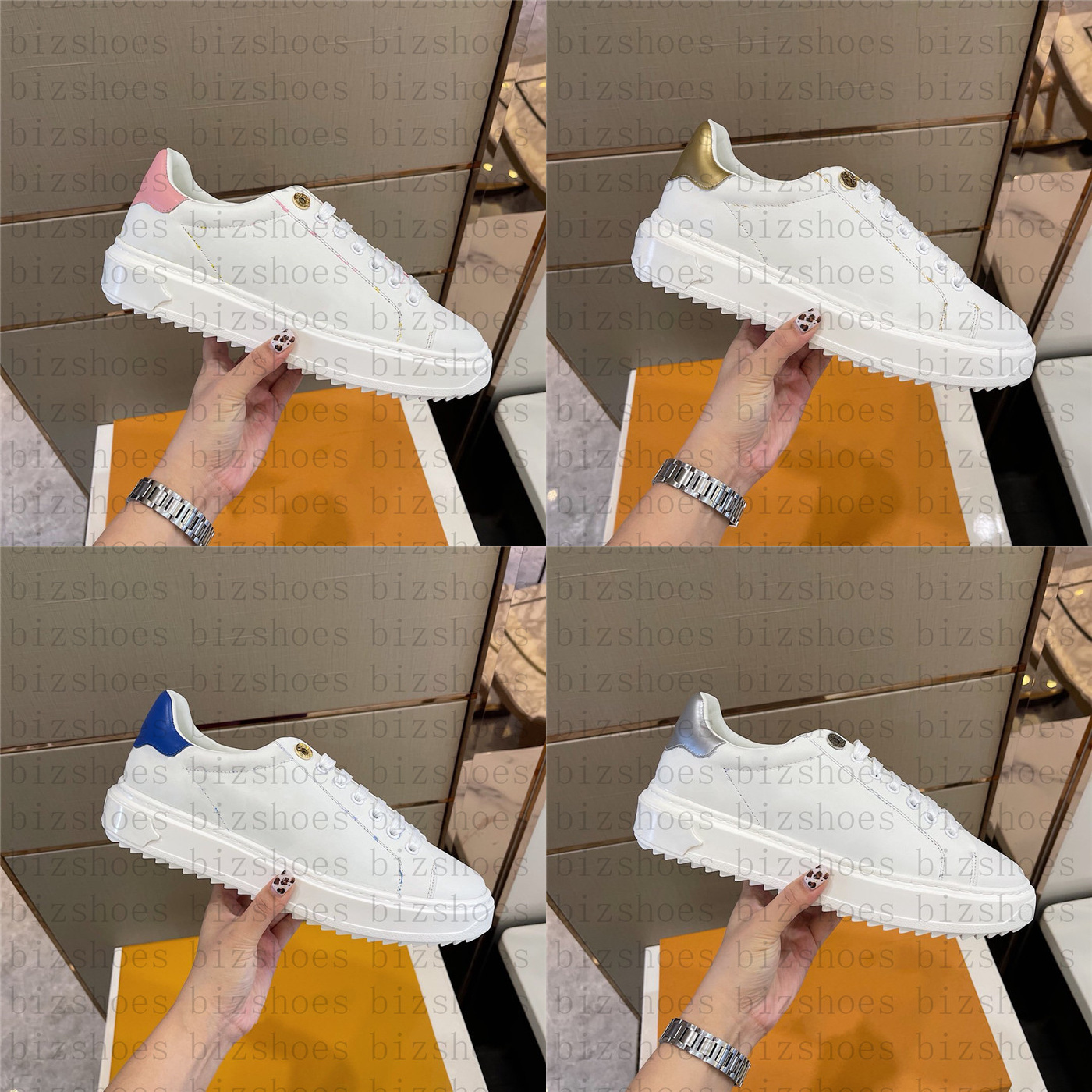 

Women Luxurys Designers Shoes Pink Yellow Debossed Calf Leather Men Runner Shoe Letter Flower 3D Pattern Time Out Sneaker Trainer, 03