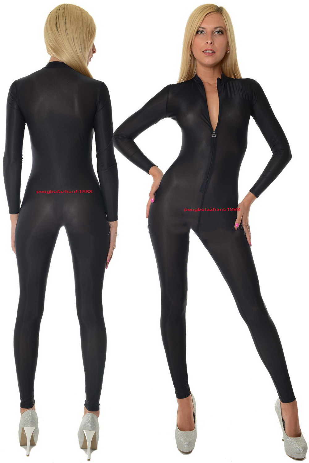 

Unisex Black Spandex Silk Catsuit Costume Front Zipper Sexy Women Spandex-Silk Body Suit Costumes No Head/Hand/Foot Halloween Party Fancy Dress Cosplay Bodysuit P545