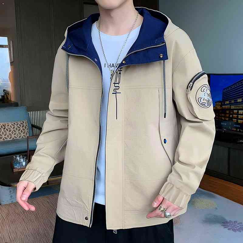 

Men's coat spring and autumn 2021 new trend men's wear youth Korean version leisure handsome student Hooded Jacket, Khaki