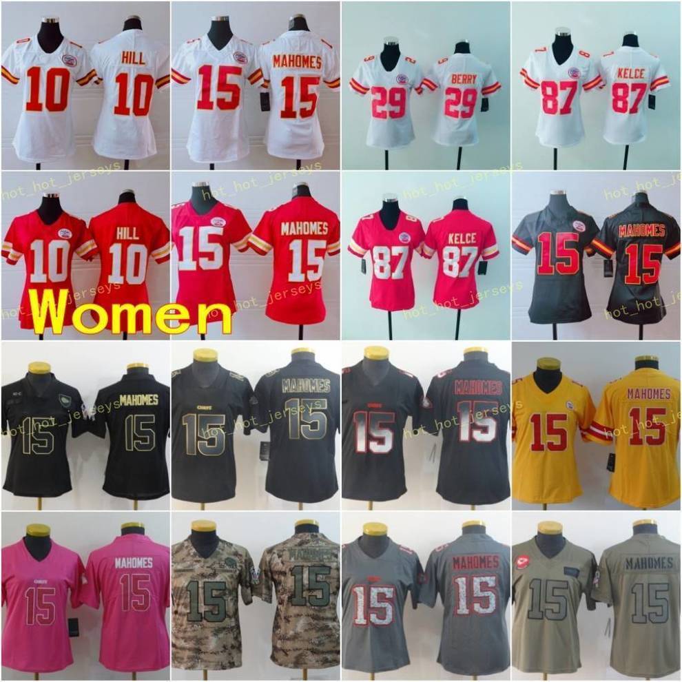 

Womens Kamsas City Ladies Chlef 15 Patrick Mahomes 10 Tyreek Hill 87 Travis Kelce 29 Eric Berry Football Jersey, Black;red