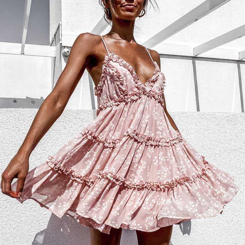

Straps Boho Mini Dress Women Deep V Neck Backless Summer Beach Casual Short Sundress Floral Print Ruffle Sexy Ladies Dresses 210526, Beige