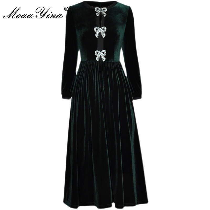 

Fashion Designer dress Spring Autumn Women' Dress Long sleeve Bowknot Sequins Crystal Beaded Velvet Dresses 210524, Black