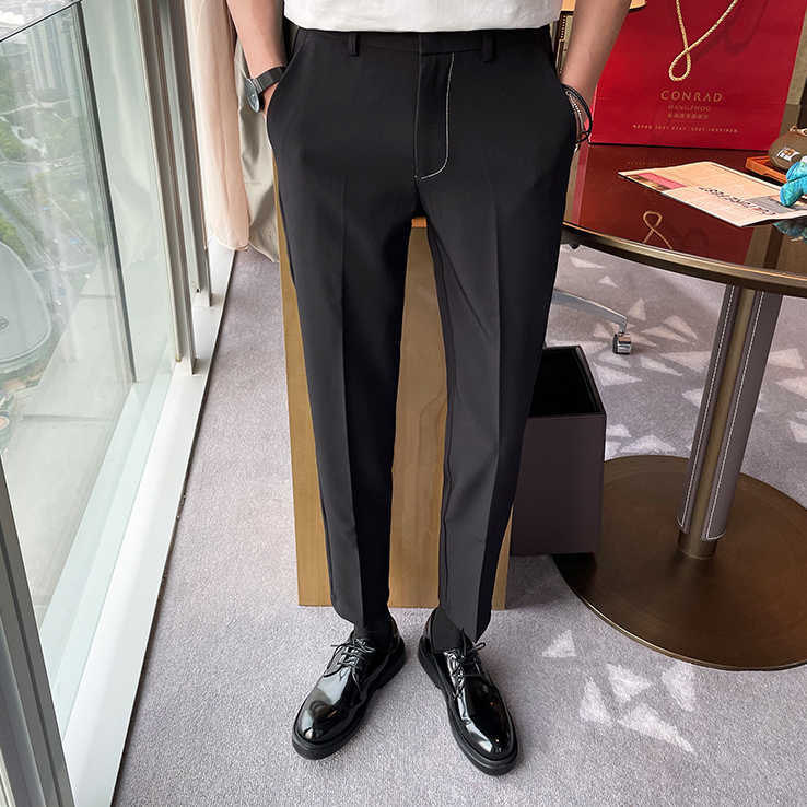 

Summer Ankle Length Suit Pants Men Casual Business Dress Pants Office Social Work Trousers Wedding Streetwear Black Clothes 210527