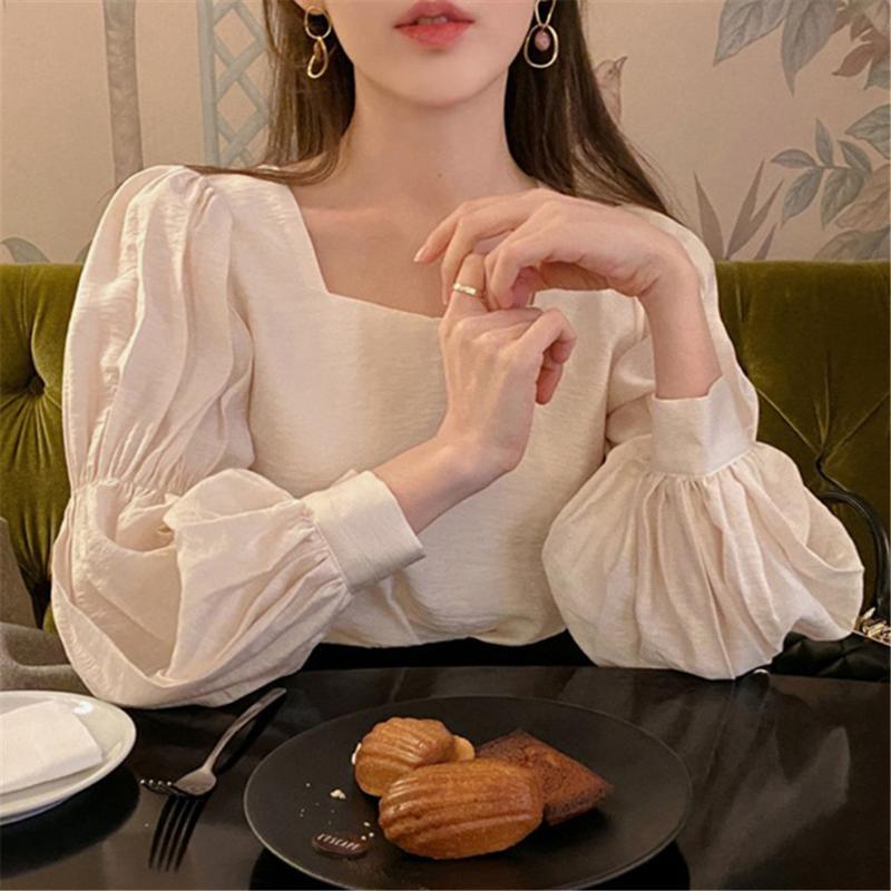 

Women's Blouses & Shirts Fashion Pleated Blouse Women Solid Square Collar Puff Sleeve Ladies Blusa Spring 2022 Casual Female Tops ZY4830, White