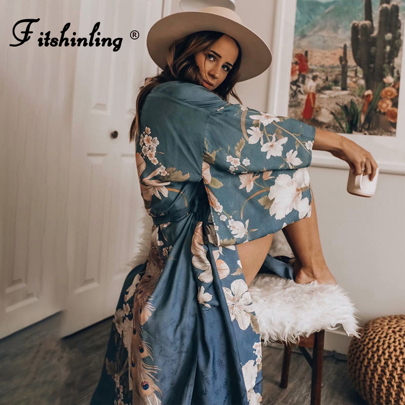 

Fitshinling Flare Sleeve Beach Kimono With Sashes Side Split Print Poets Slim Long Cardigan Holiday Cover-Up Autumn Outing New