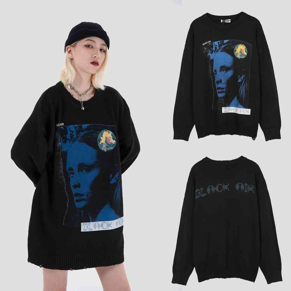 

women's sweaters hip hop men streetwear cardigan girl print fall harajuku casual cotton white sweater ckpm, White;black