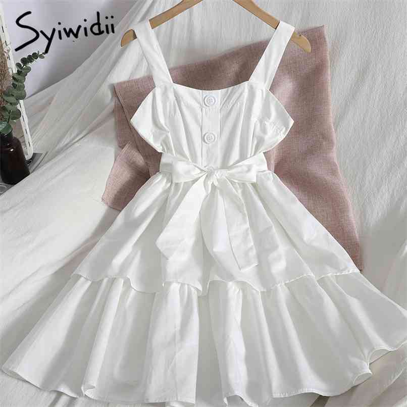 

Fashion Breasted High Waist Spaghetti Strap Dresses Women Bow Bandage Sleeveless A-line Solid White Clothes Summer 210607