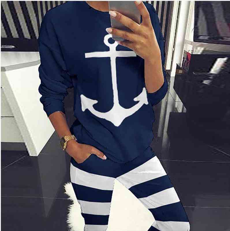 

anchor print women running set autumn long sleeve hoodie striped pants tracksuit workout clothes sportswear sports suit blue, White