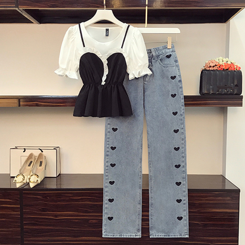 

Streetwear Jeans Two piece set Women Summer Heart Embroidery High waist Long Denim Pants With Blouse Tops Suits 210525, Only black tshirt
