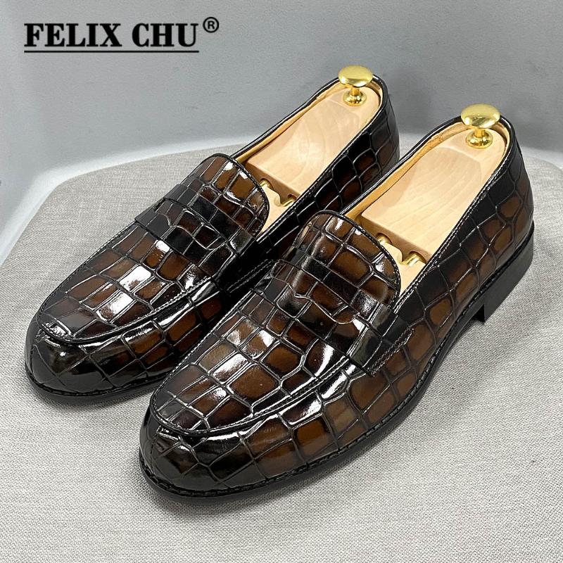 

Dress Shoes Brand Design Luxury Mens Penny Loafer Genuine Cow Leather Male Round Toe Alligator Print Wedding Party For Men, Black