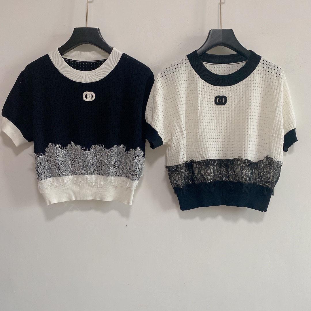 

Desinger knit T Shirt womens cc brand t-shirts summer girls casual short-sleeved sweater knitted shirts top wool blend lace size SML