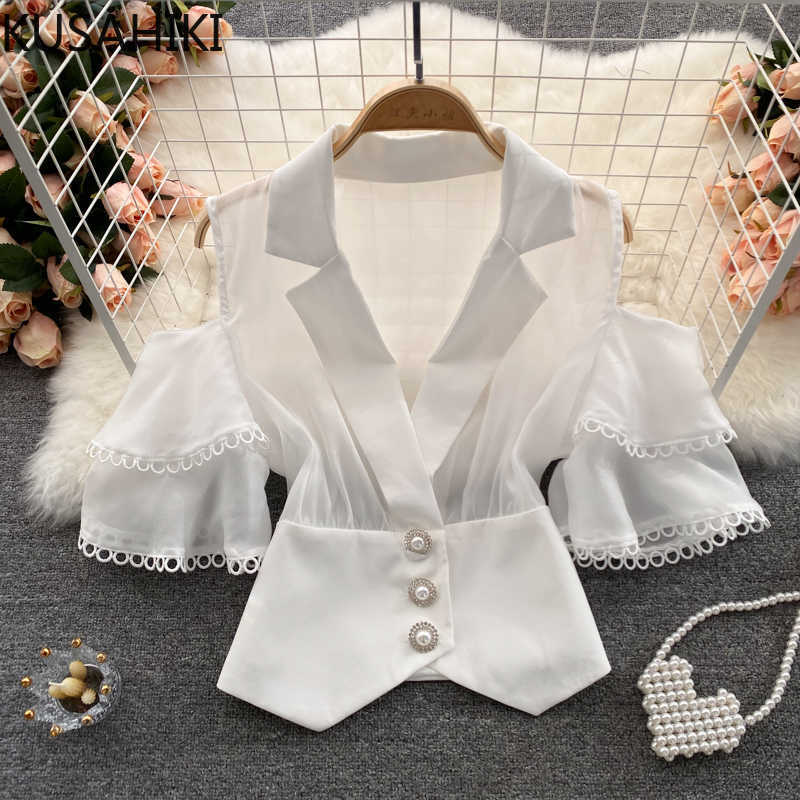

KUSAHIKI Sexy Strapless Flare Sleeve Women Blouse Slim Waist Short Korean Shirts Notched Collar Elegant Tops 6J736 210602, White