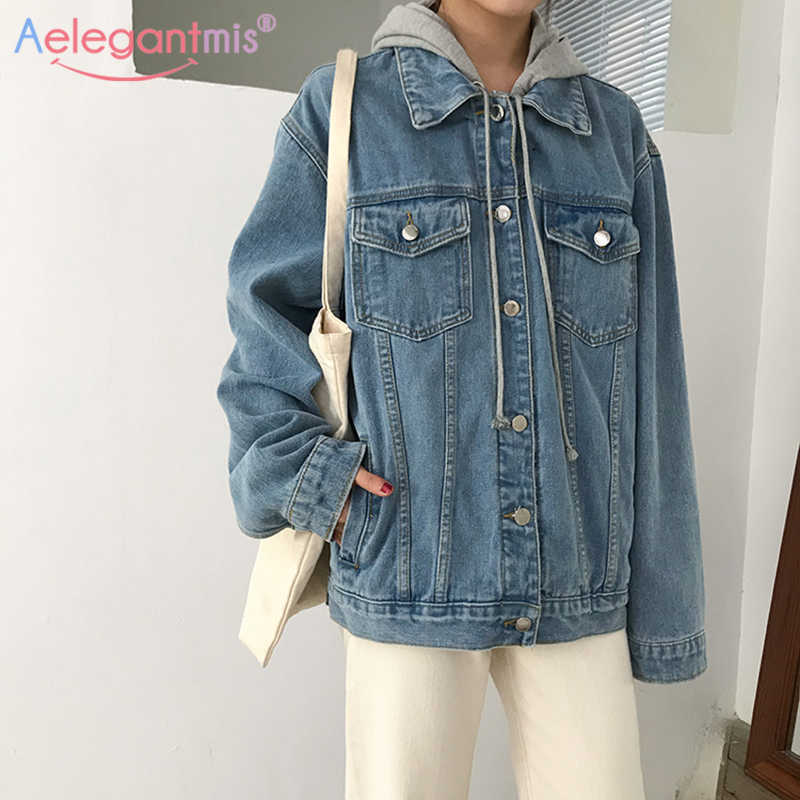 

Aelegantmis Casual Loose Denim Coat Women Hooded Removable Vintage Fake Two Jeans Jacket Cowboy Outwear Korean Streetwear BF 210607, Blue