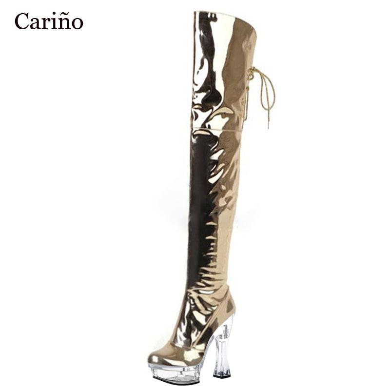 

Boots Fetish Stripper Dancing Shoes 14cm High Heel Crystal Clear Platform Over-the-Knee Lace-up Chunky Gold Silver, Black