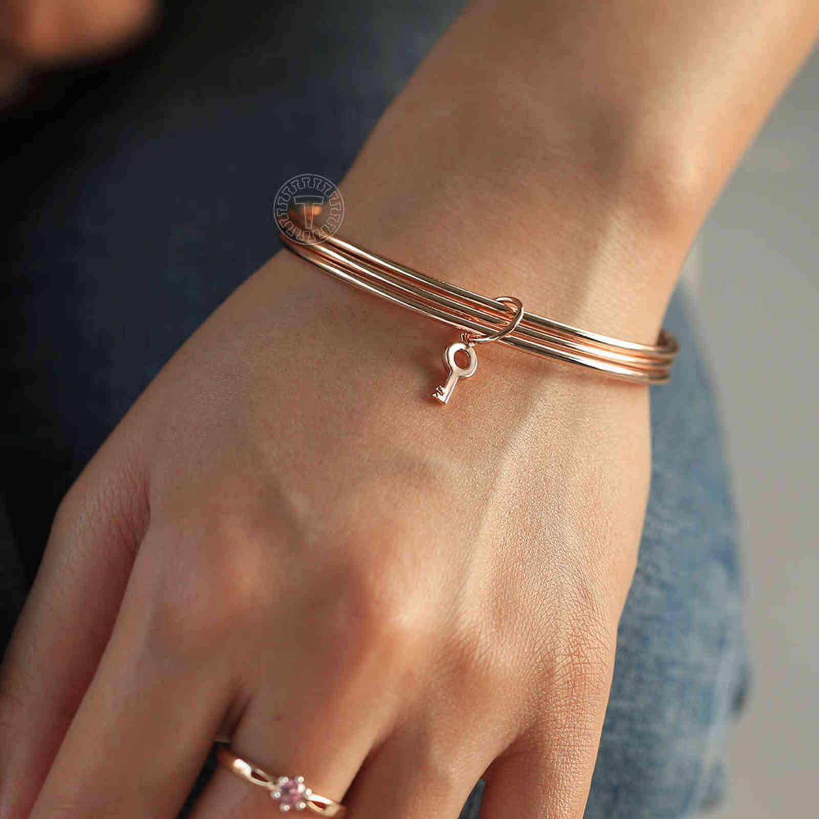 

New Fashion Triple Layered Bangle for Women Men 585 Rose Gold Bells Key Charm Pendant Bracelet Jewelry Gift Cb57