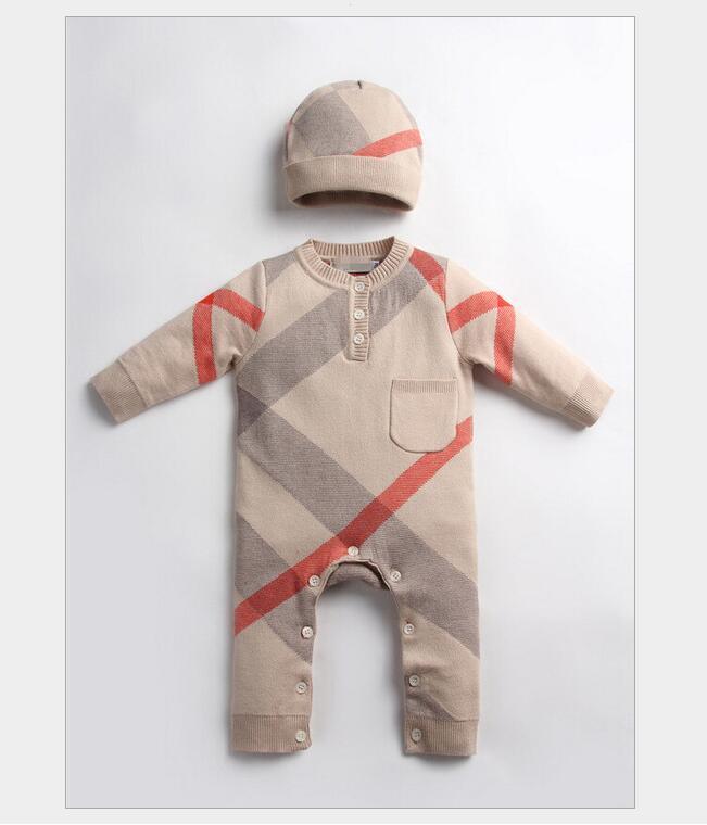 

Fall Winter Baby Knitting Rompers With Hats Infant Boys Girls Plaid Long Sleeve Jumpsuits Toddler Newborn Onesies Kids Romper 0-24 Months, As picture