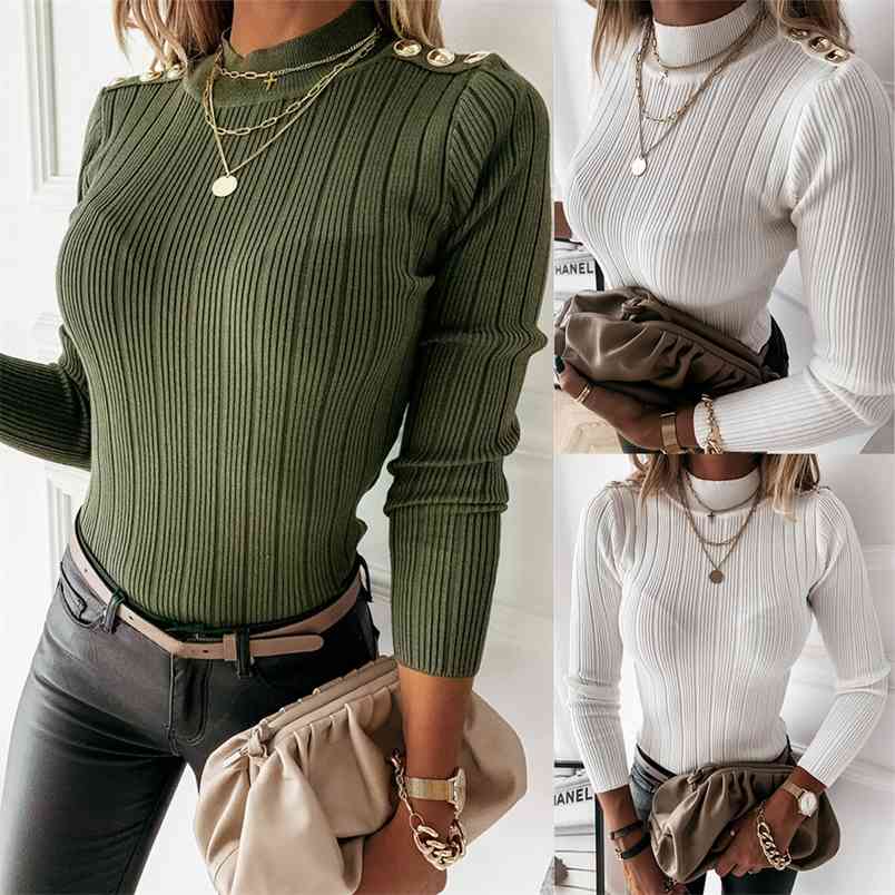 

Autumn High Collar Solid Color Slim Knit Top Women Clothes Fashion Long Sleeve Knitted Pullovers Stitching Sweaters 210517, Army green