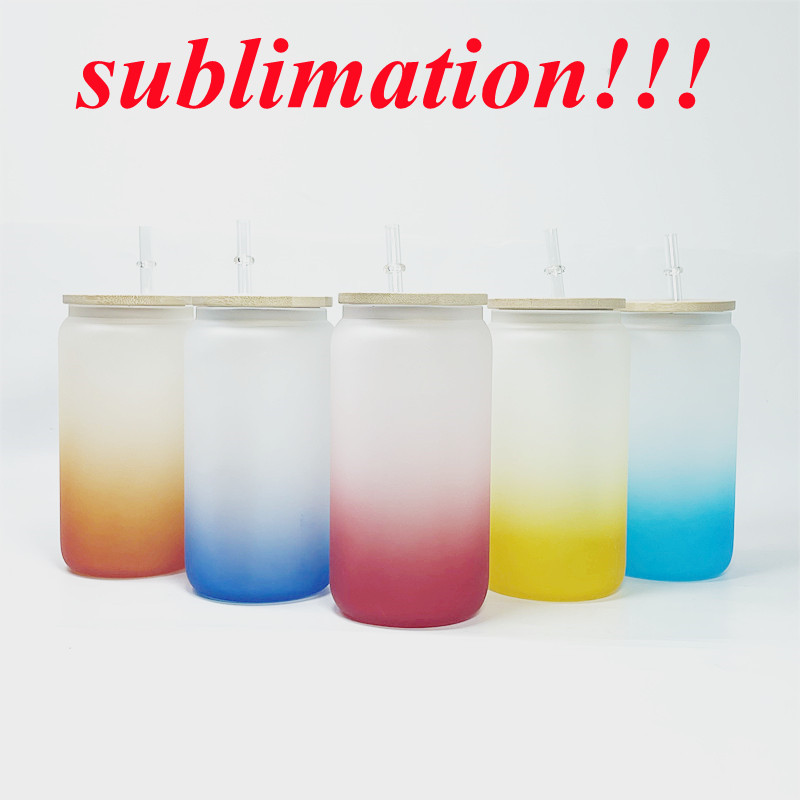 

16oz sublimation Gradient glasses blank beer can glass tumbler with bamboo lid reusable straw colorful Glass water bottle Soda Can Cup, Customize