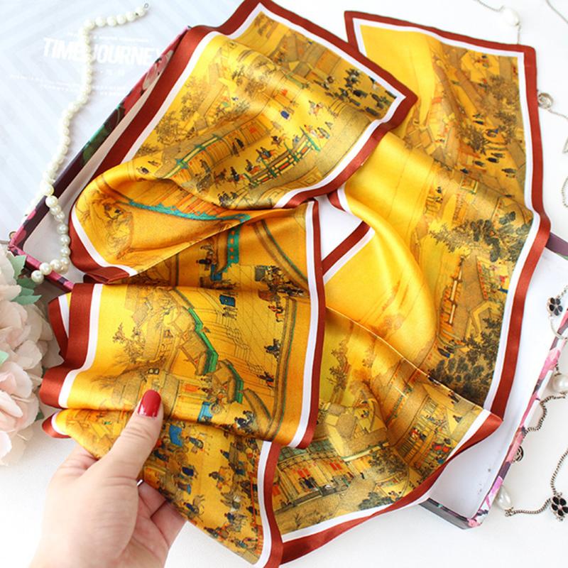 

Scarves High-end Elegant Women Exquisite Ancient Chinese Pinting Quality Double Layer Plain Satin Silk Ribbon Scarf