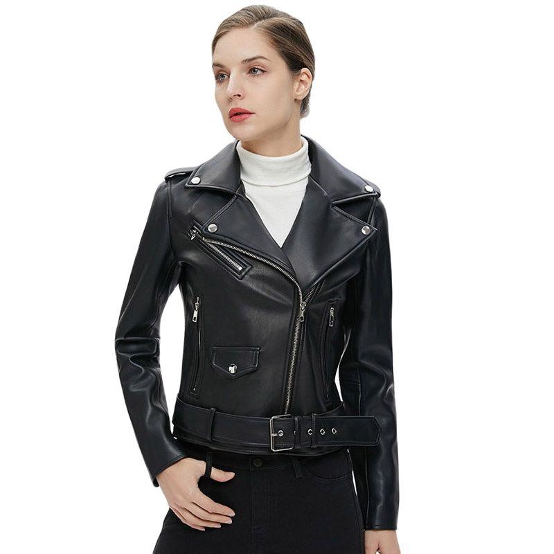 

Women's Leather & Faux M.Y.FANTASY 2021 Spring Autumn Pu Jacket Women Zipper Belt Short Soft Jackets Biker Black Punk Motorcycl