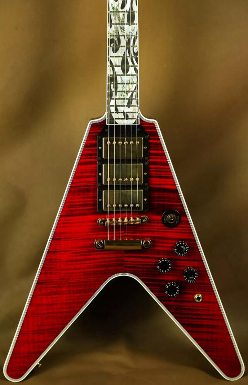 

Ultima Flamethrower Red Flame Maple Top Flying V Electric Guitar White Pearloid & Abalone FlameInlay, 3 Humbucker Pickups, Gold Hardware