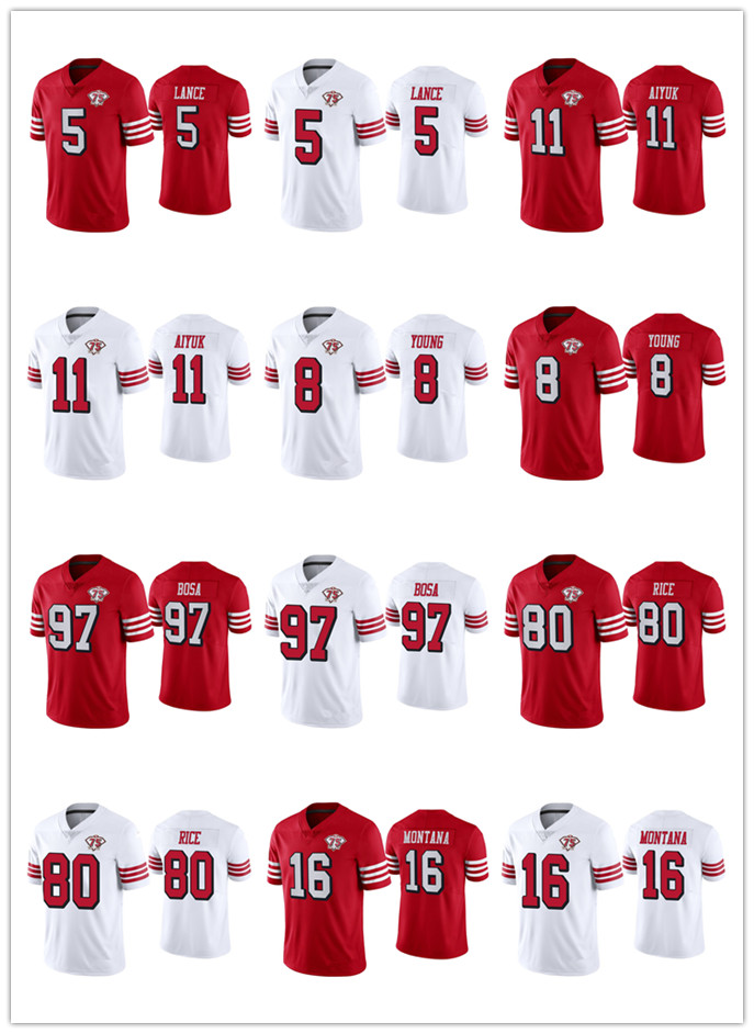 

SanFrancisco49ersMEN George Kittle Steve Young Jerry Rice Trey Lance Jimmy Garoppolo Brandon Aiyuk 75th Anniversary Patch, Black;red