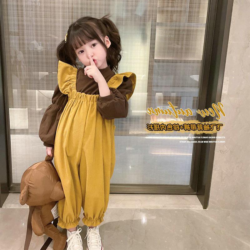 

Clothing Sets Girls Suit Half High Neck Bottoming Shirt And Corduroy Jumpsuit 2pcs 2021 Autumn Winter Children Cotton Casual, White