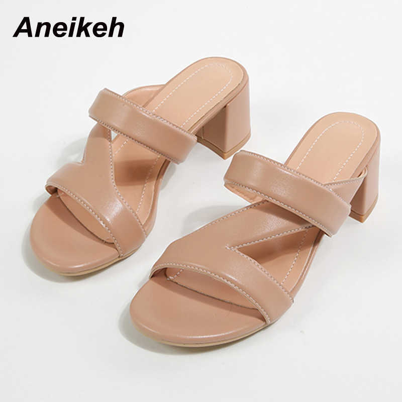 

Aneikeh Summer Fashion Women's Shoes Slippers Platform PU Square Heels Rome Party Concise Shallow Solid Outside MATURE 210615, Black